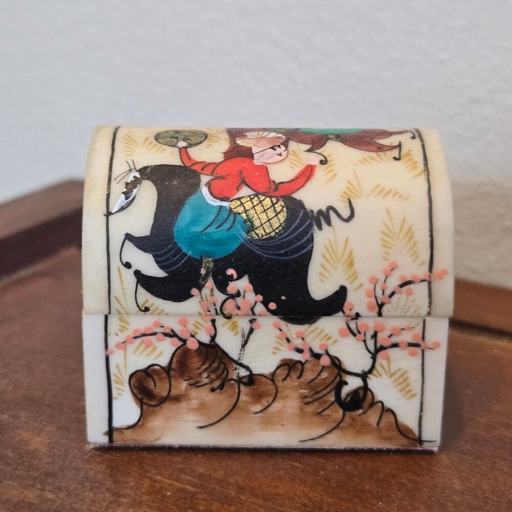 Vintage Miniature Handpainted Trinket Chest Treasure Box Horses Cherry Blossoms